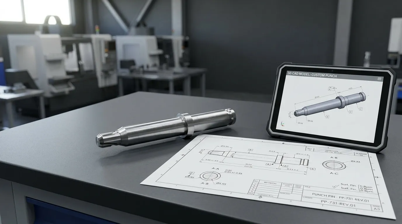 Individueller Lochstift neben passender technischer Zeichnung und CAD-Modell.